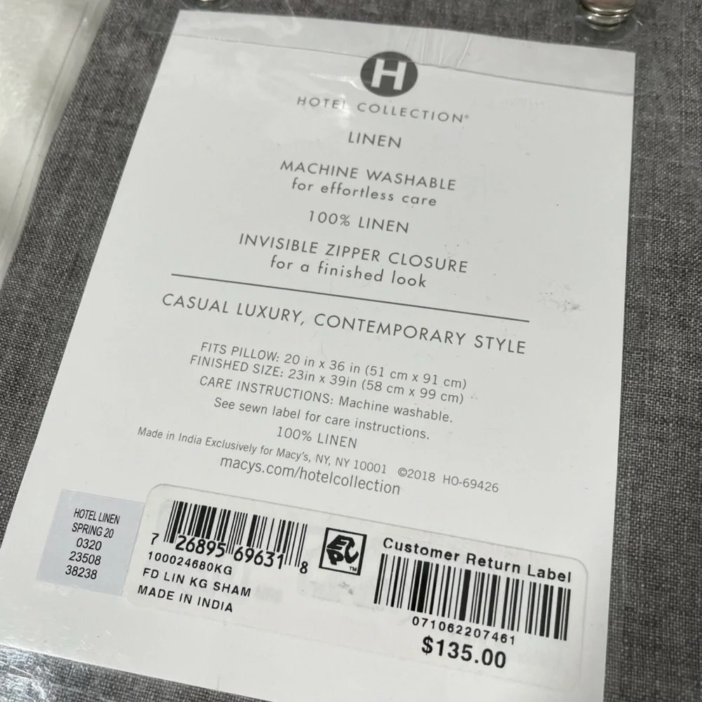 NIB [ 1 King ] Pillow‎ Sham for Hotel Collection Linen in Grey